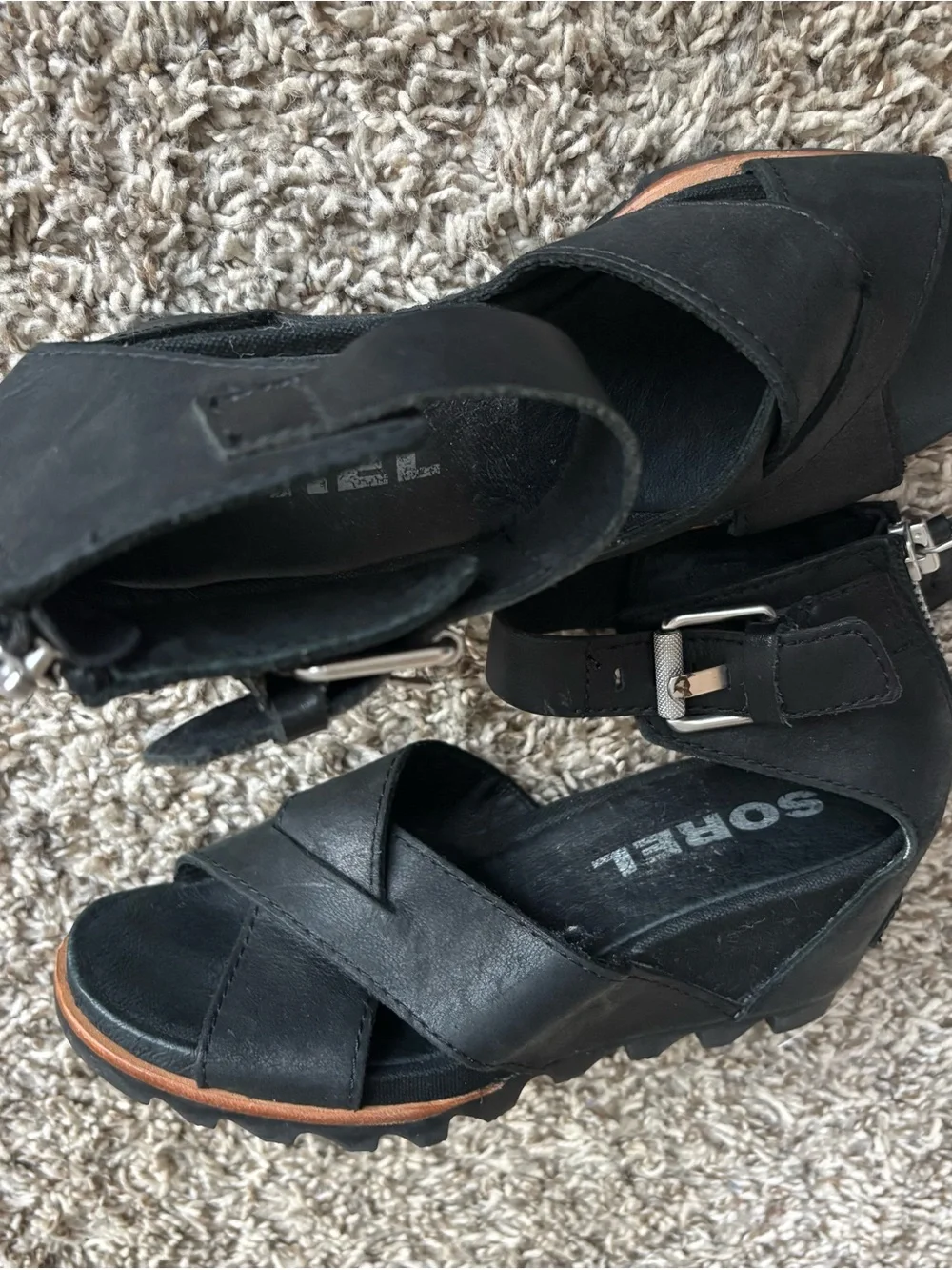 Sorel Black Crisscross Ankle Strap Wedge Sandals Joanne ll